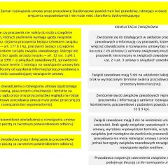 Procedura rozwiązania umowy z pracownikiem, uwzględniająca konsultacje ze związkami zawodowymi. Wymagane jest sprawdzenie ochrony pracownika, np. w ramach pomoc de minimis sudop, i uzyskanie zgody związków.