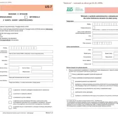 Wniosek o wydanie zaświadczenia o ubezpieczeniu dla celów doliczenia okresów do stażu pracy. Wypełniony formularz ZUS US-7, dokument potwierdzający wysługę lat.