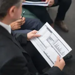 Biznesmeni analizują dokumenty, szukając informacji, jak znaleźć numer NIP.