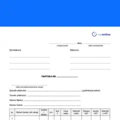 Formularz faktury z polami do wpisania danych sprzedawcy, nabywcy, numeru faktury, sposobu płatności i pozycji towarowych. Dane do faktury są kluczowe.