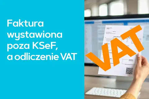 Faktura poza KSeF, a odliczenie VAT. Duże pomarańczowe litery VAT na dokumencie. Możliwość uzyskania skonto.