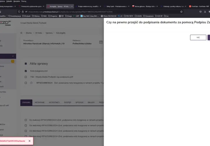 Okno dialogowe z pytaniem "Czy na pewno przejść do podpisania dokumentu za pomocą Podpisu Zaufanego?". W tle widoczny system EZD RP z aktami sprawy.