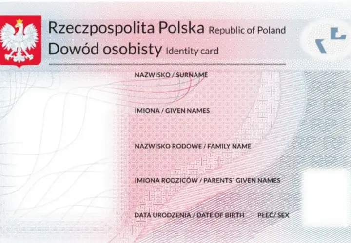 Wzór dowodu osobistego Rzeczypospolitej Polskiej. Dokument zawiera dane osobowe, takie jak nazwisko, imiona, nazwisko rodowe, imiona rodziców, datę urodzenia i płeć.