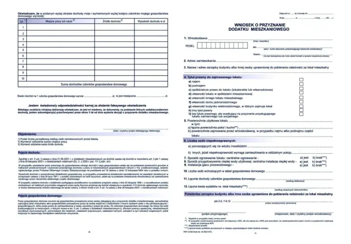 Wniosek o przyznanie dodatku mieszkaniowego. Formularz zawiera dane wnioskodawcy, adres, tytuł prawny do lokalu, dochody i wydatki.