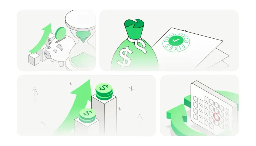 Grafiki ilustrujące wzrost oszczędności, stałe dochody, rosnące zyski i planowanie terminów. Dobry partner finansowy pomoże Ci w tym wszystkim.