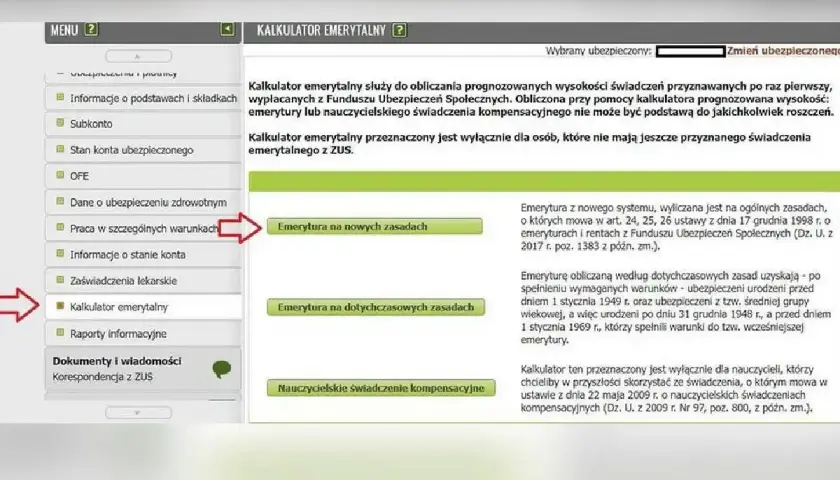 Przykładowe wyliczenie emerytury na kalkulatorze ZUS. Wybór opcji: "Emerytura na nowych zasadach" lub "Emerytura na dotychczasowych zasadach".