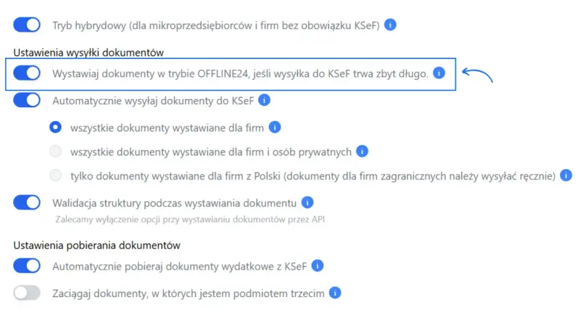 Ustawienia wysyłki dokumentów: tryb offline, gdy ksef nie działa. Automatyczne wysyłanie dokumentów do KSeF. Walidacja struktury.
