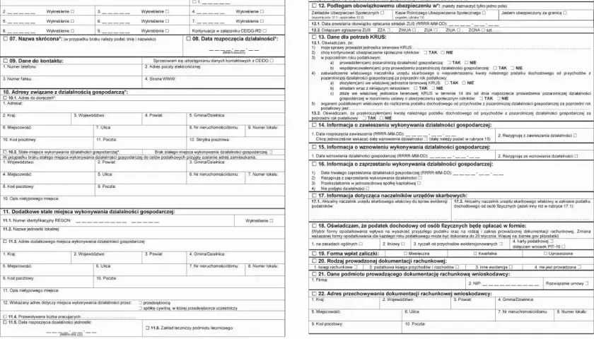Formularz CEIDG-1 do rejestracji jednoosobowej działalności gospodarczej.