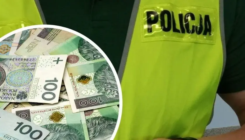 Policjant w kamizelce odblaskowej z napisem POLICJA, obok stos banknotów 100 zł. Symbolizuje to emeryturę policyjną i zgromadzone środki.