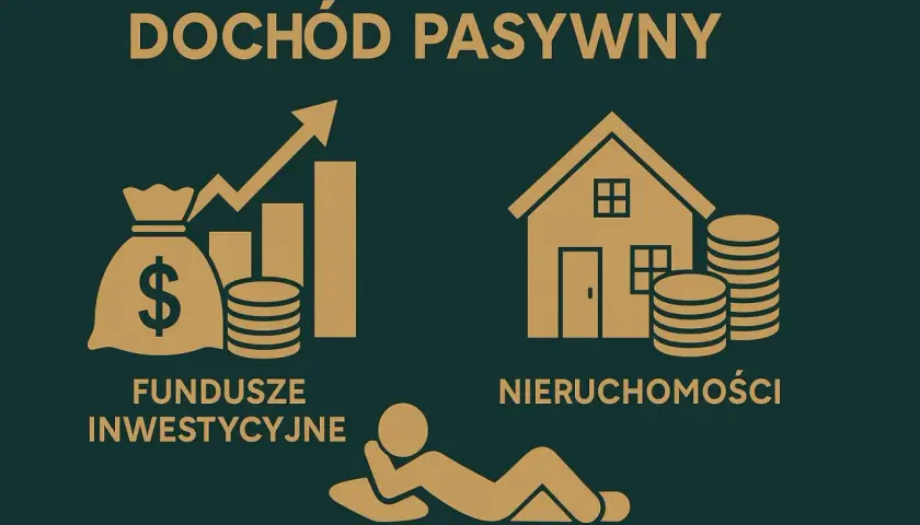Grafika ilustruje dochód pasywny: worek z dolarem, wykres wzrostu, monety, dom i osoba odpoczywająca.