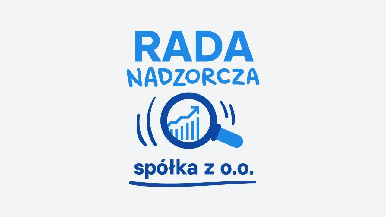 Grafika z napisem "RADA NADZORCZA" i ikoną lupy analizującej wykres wzrostu. Symbolizuje to kontrolę i analizę finansową w spółce z o.o.