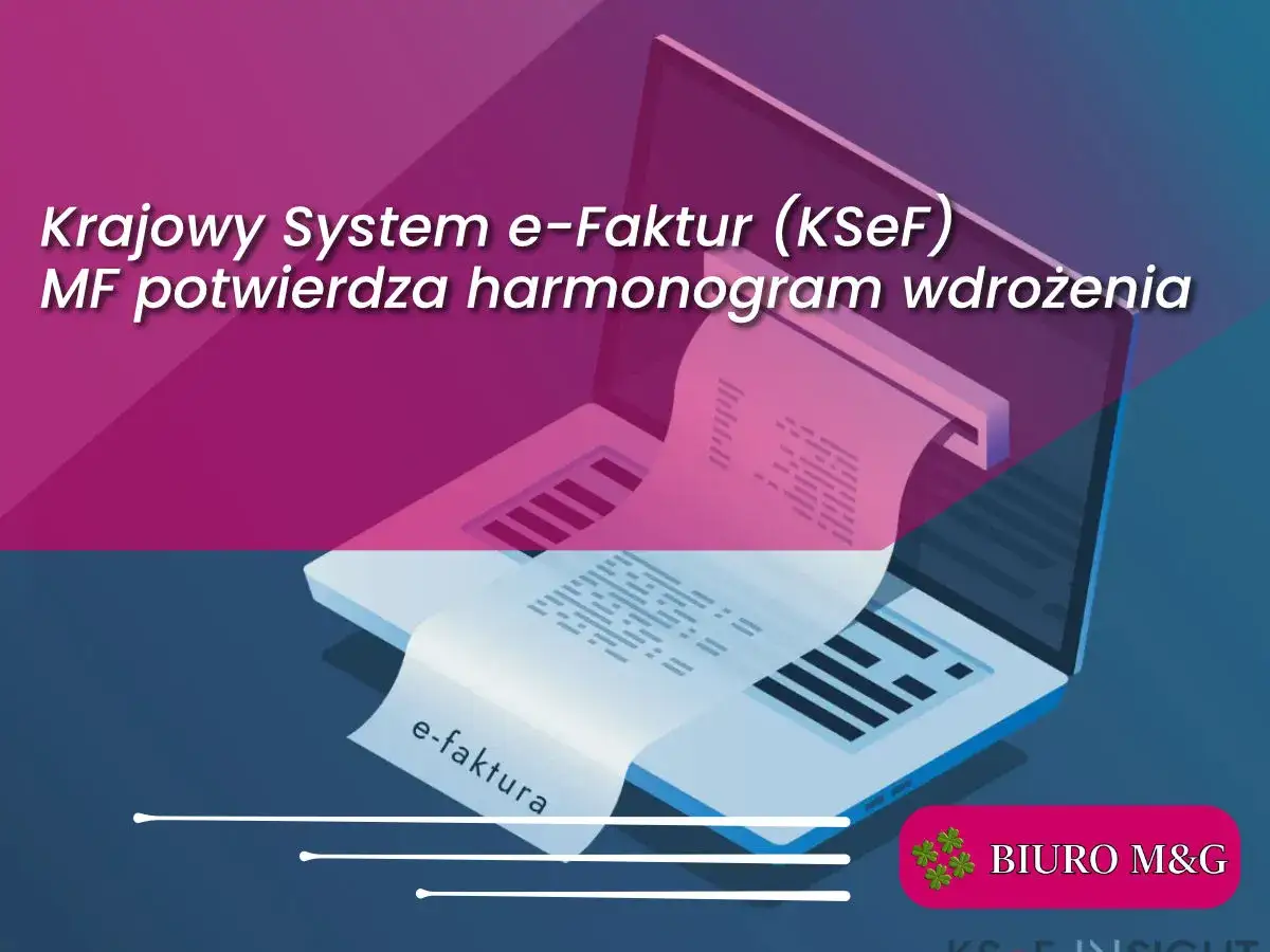 KSeF: MF potwierdza harmonogram wdrożenia. Grafika przedstawia laptop z wydrukiem e-faktury, symbolizując cyfryzację i potencjalne przesunięcie terminu wdrożenia.