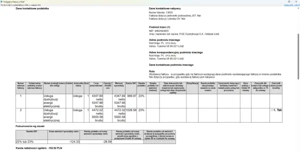 Nota korygująca do faktury za energię elektryczną. Wartość netto: -124.33 PLN, VAT: -28.59 PLN.