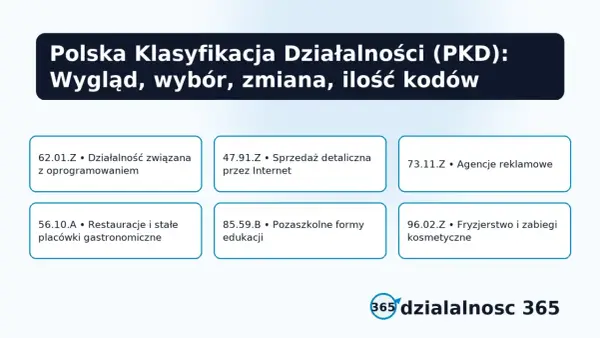 Przykładowe kody PKD: działalność związana z oprogramowaniem, sprzedaż detaliczna przez Internet, agencje reklamowe, restauracje, edukacja, fryzjerstwo.
